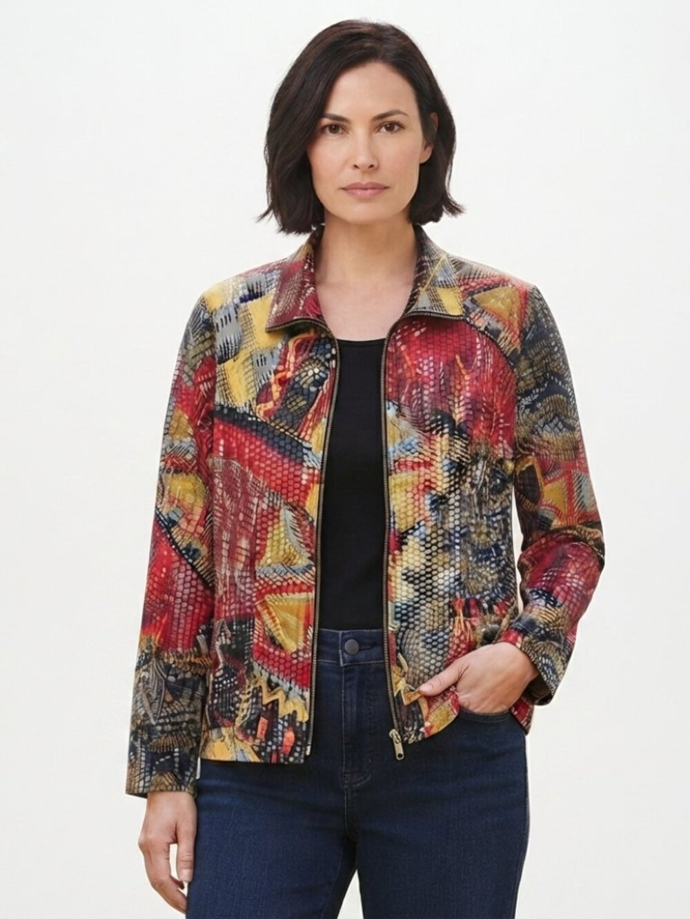 RUBY RD. Women’s Size 18 Jacket Red Multi-Colored Geometric Textured Zip-Front